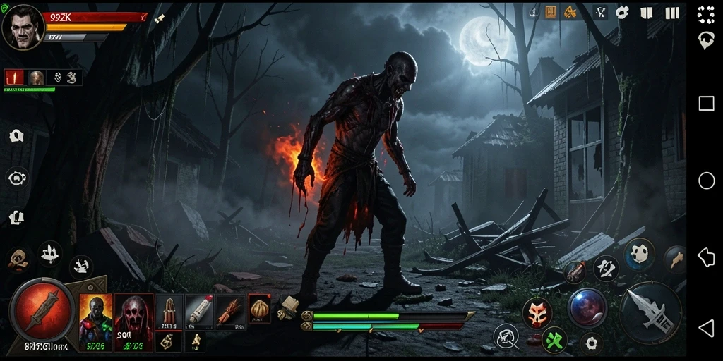 Tampilan gameplay 99ZK dengan suasana mencekam dan efek visual yang menakutkan.