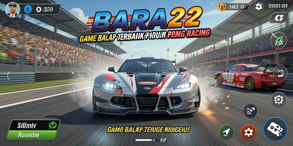 Screenshot BARA22 menampilkan gameplay balap intens dan mobil yang cepat.