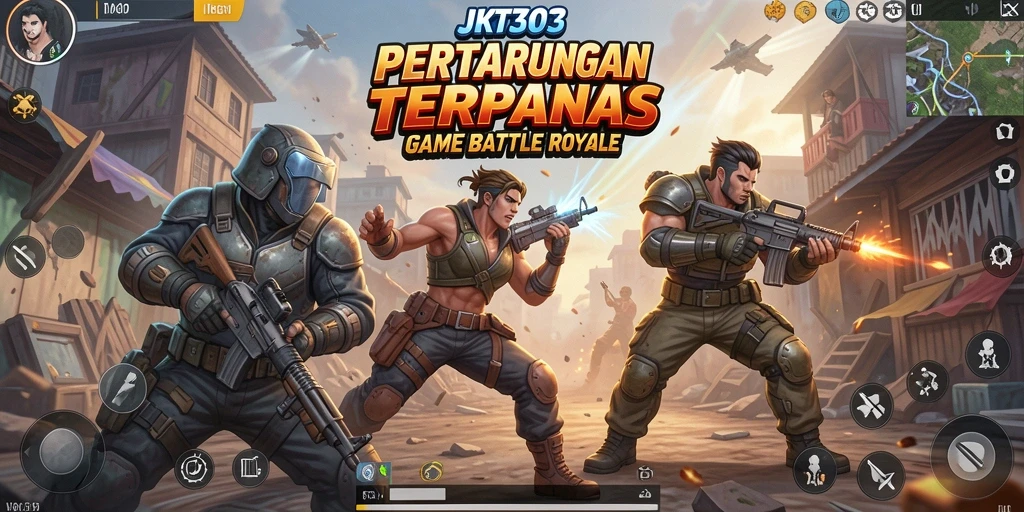 Screenshot gameplay JKT303 menunjukkan aksi intens di medan perang Battle Royale.