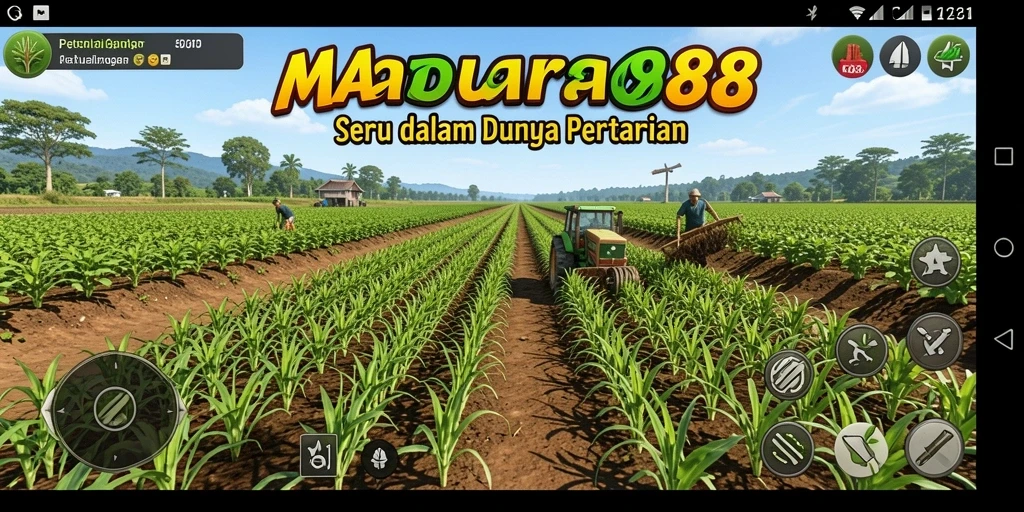 Tampilan gameplay <strong>MADURA88</strong> dengan ladang pertanian yang subur dan hewan ternak.