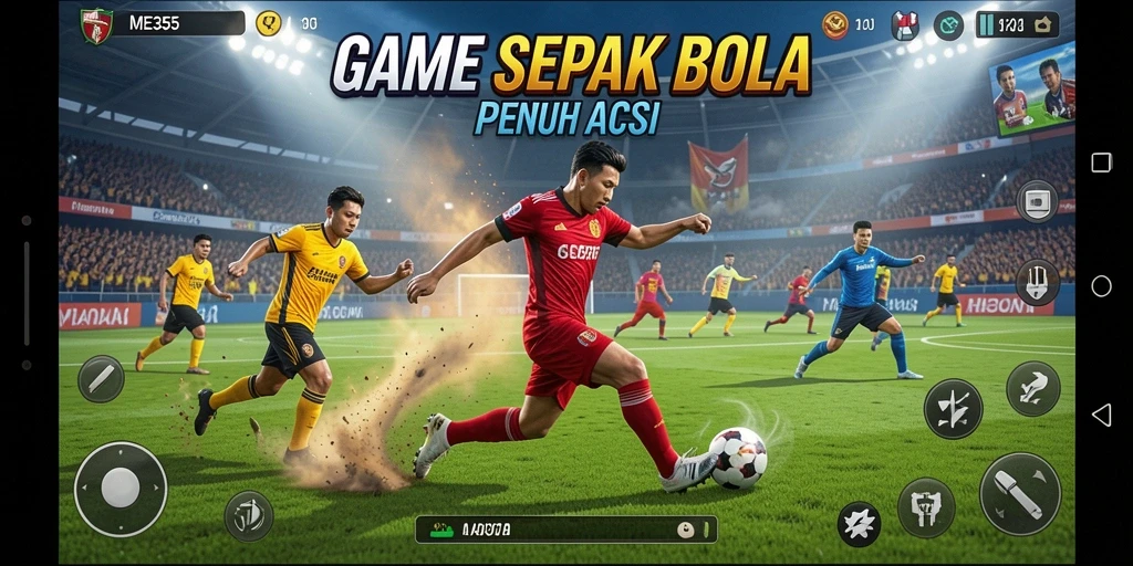 Screenshot ME355 menampilkan aksi pertandingan sepak bola yang mendebarkan.