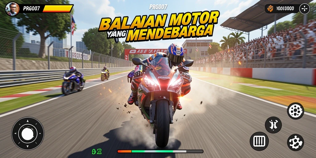Screenshot gameplay balapan motor yang penuh aksi.