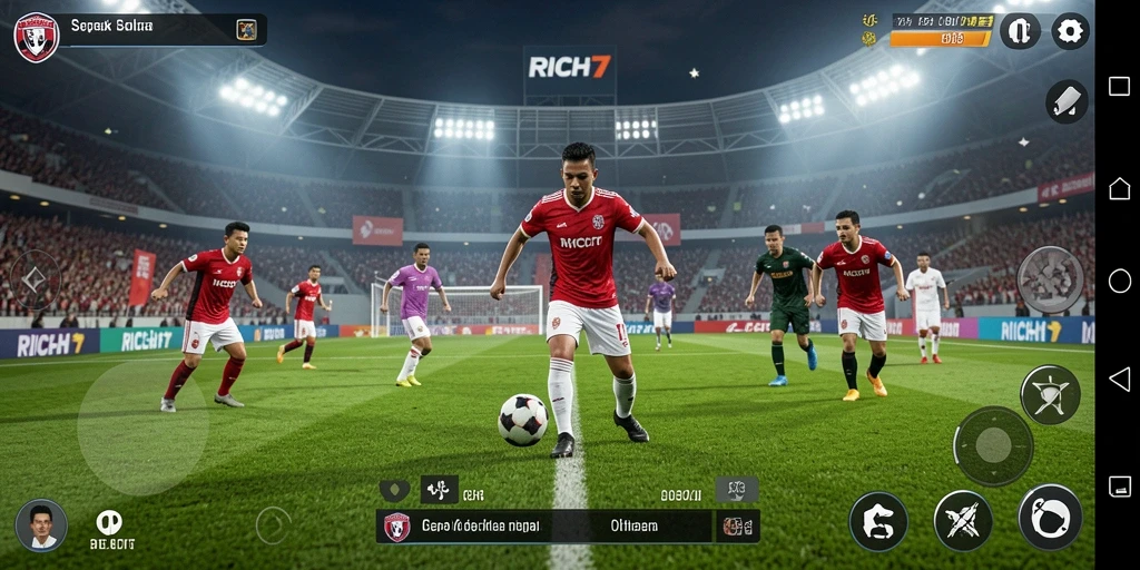 Screenshot utama RICH7 menampilkan aksi seru pertandingan sepak bola.