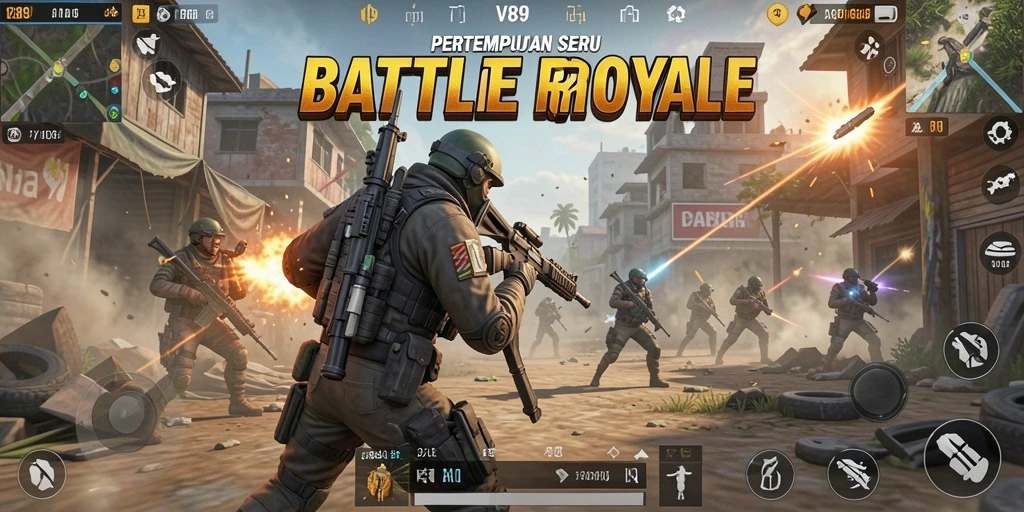 Screenshot V89 menampilkan pertarungan seru dalam gaya Battle Royale.